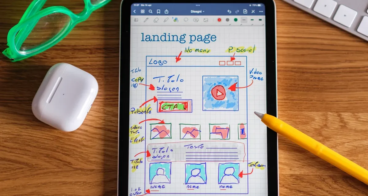 Tablet showing a landing page wireframe on a desk