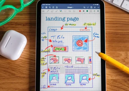 Tablet showing a landing page wireframe on a desk