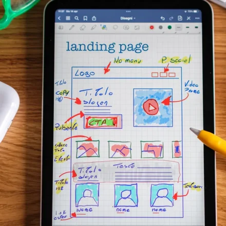 Tablet showing a landing page wireframe on a desk