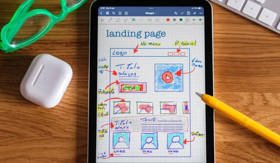 Tablet showing a landing page wireframe on a desk