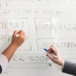 hands sketching a website wireframe on a whiteboard